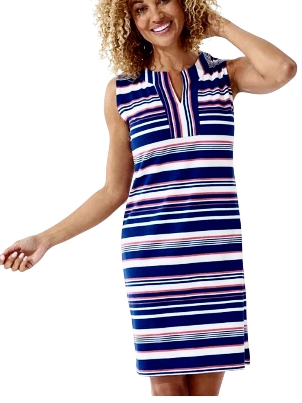 Coolibar Sleeveless Oceanside Tank Dress Blue Striped Beach 50+ UPF Size XL